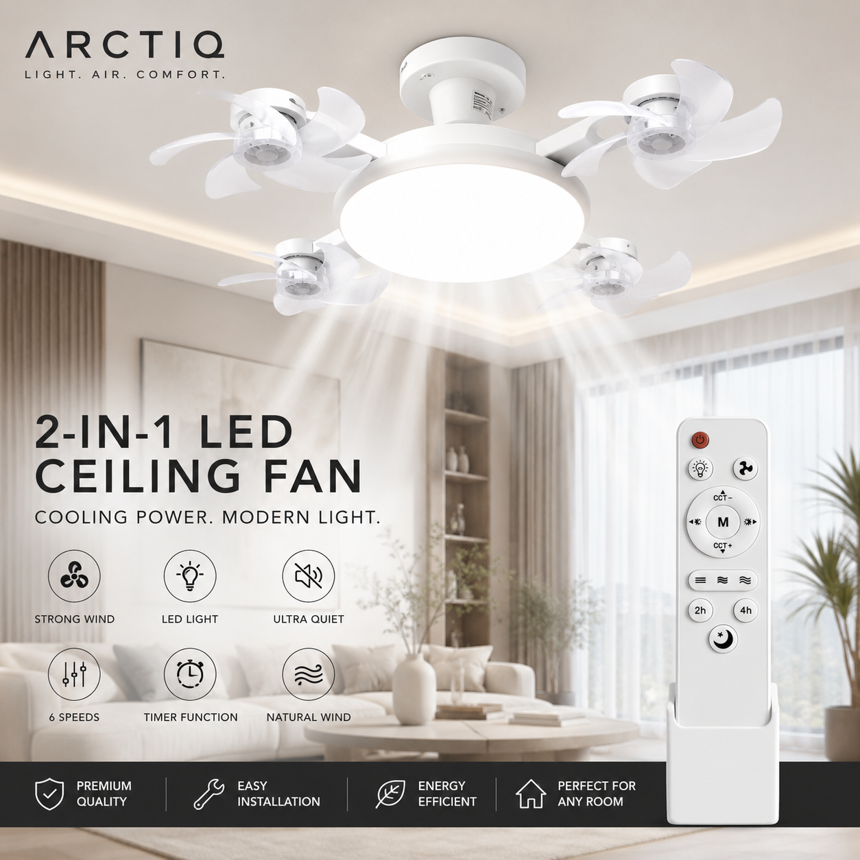 ARCTIQ™ AirLight Pro – 2-in-1 Smart Ceiling Fan Light with Remote Control